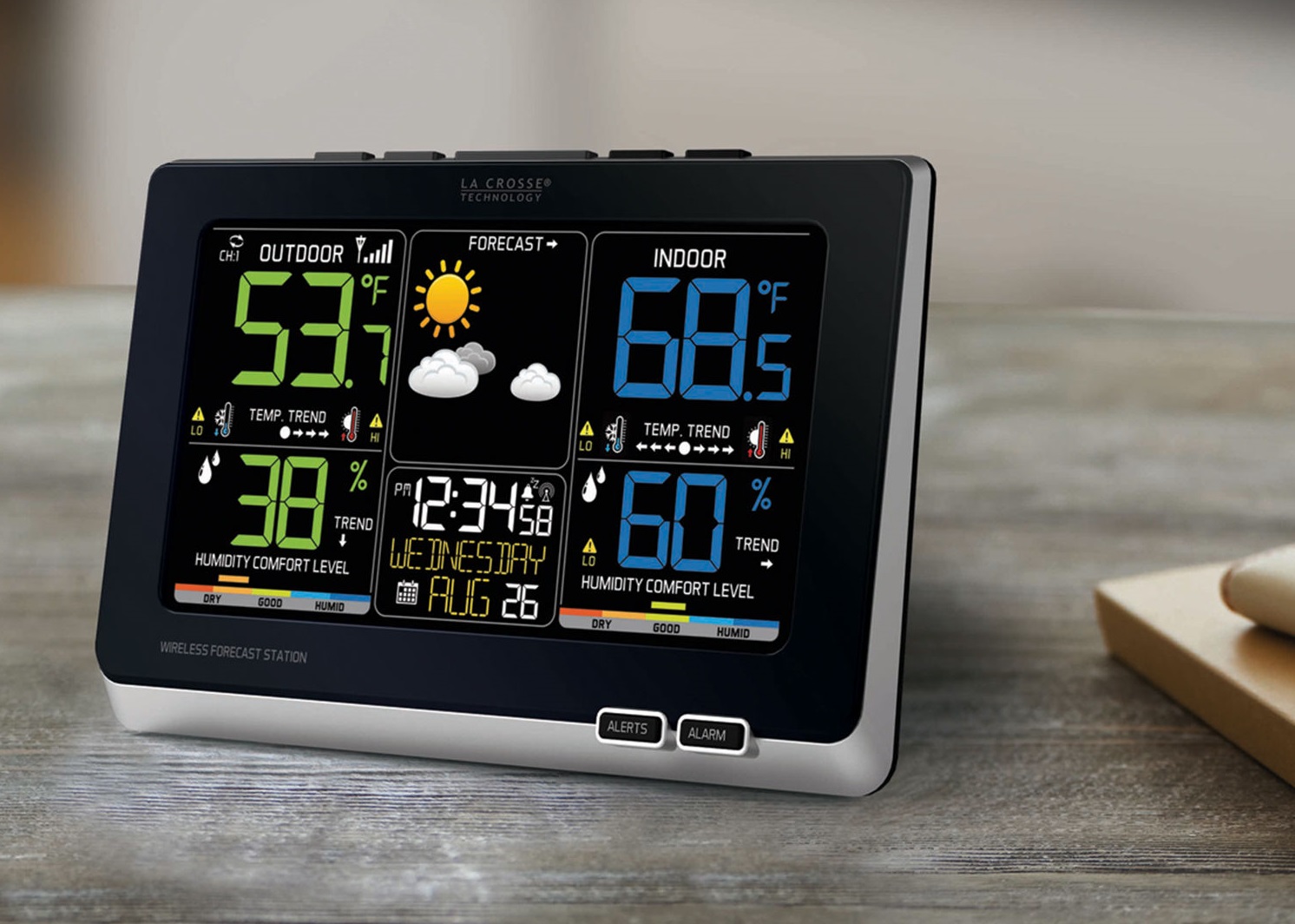 Station météo numérique sans Fil avec capteur extérieur -Affichage de  l'heure, Température, Humidité, Baromètre et phases de lune